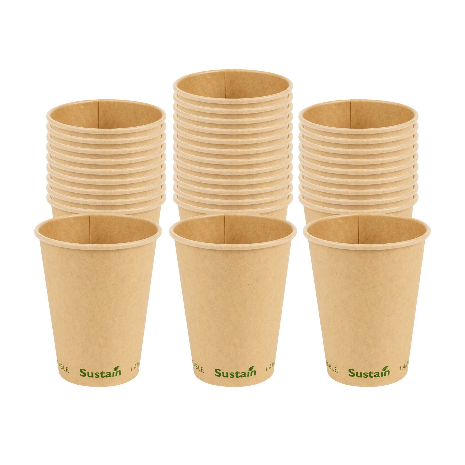 Sustain 12 oz Kraft Paper Coffee Cup - PLA Lining, Compostable, Single Wall - 3 1/2" x 3 1/2" x 4 1/4" - 1000 count box