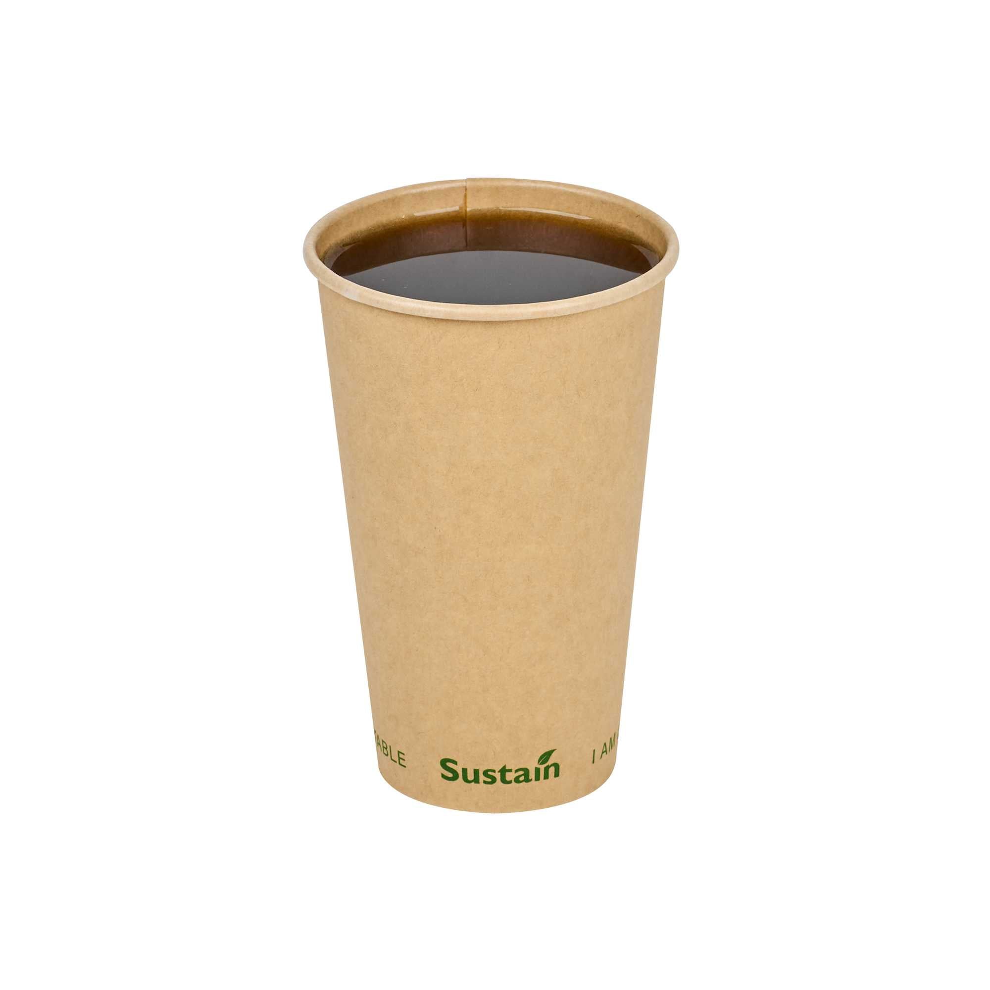 Sustain 16 oz Kraft Paper Coffee Cup - PLA Lining, Compostable, Single Wall - 3 1/2" x 3 1/2" x 5 1/2" - 50 count box