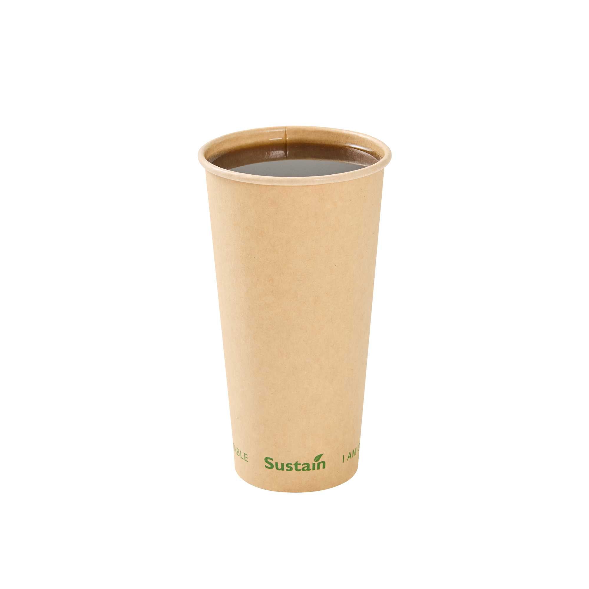 Sustain 20 oz Kraft Paper Coffee Cup - PLA Lining, Compostable, Single Wall - 3 1/2" x 3 1/2" x 6 1/4" - 1000 count box