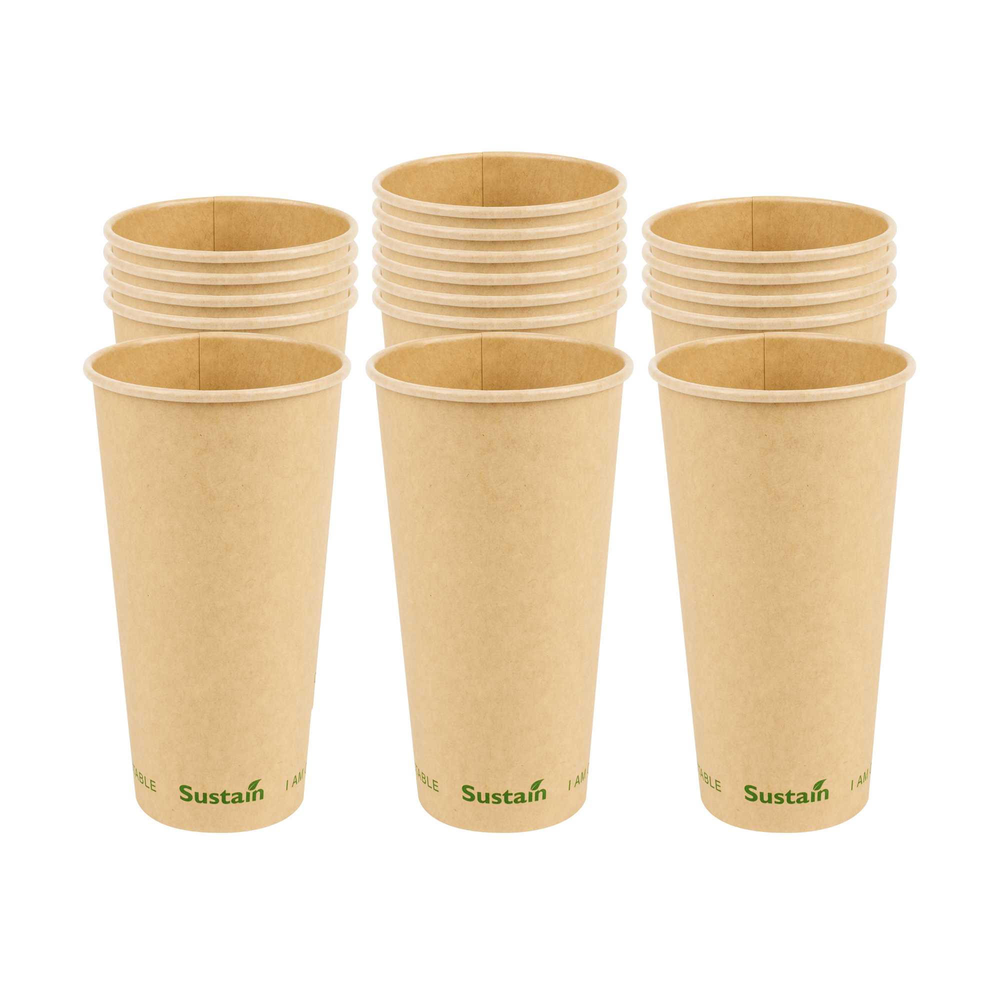Sustain 20 oz Kraft Paper Coffee Cup - PLA Lining, Compostable, Single Wall - 3 1/2" x 3 1/2" x 6 1/4" - 1000 count box