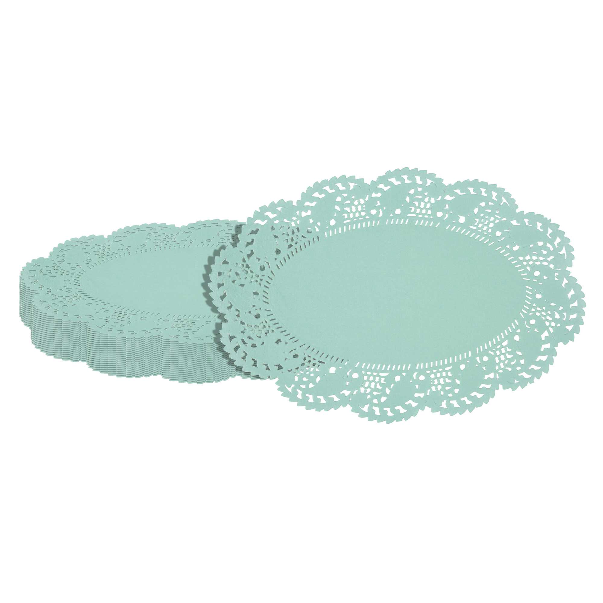 Pastry Tek Oval Teal Paper Doilies - Lace - 12 1/2" x 8 1/2" - 100 count box