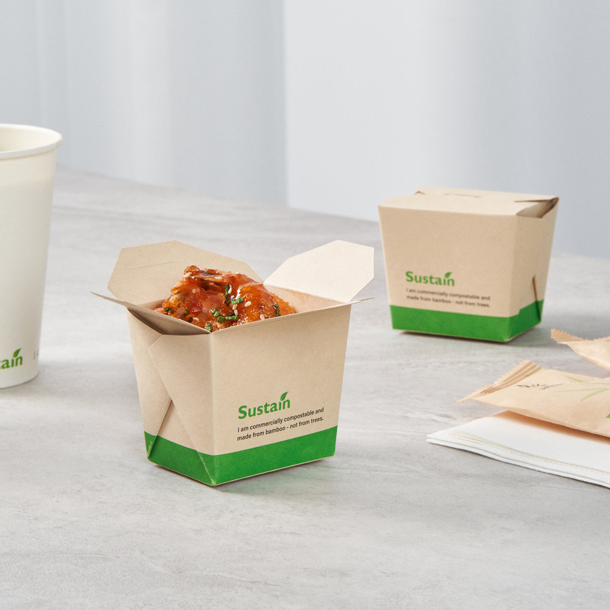 Sustain 8 oz Square Bamboo Paper Noodle Take Out Container - with PLA Lining, Compostable - 2 3/4" x 2 1/4" x 2 1/2" - 200 count box