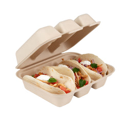Pulp Safe No PFAS Added Kraft Sugarcane / Bagasse Taco Clamshell Container - Home Compostable, 3-Compartment - 8