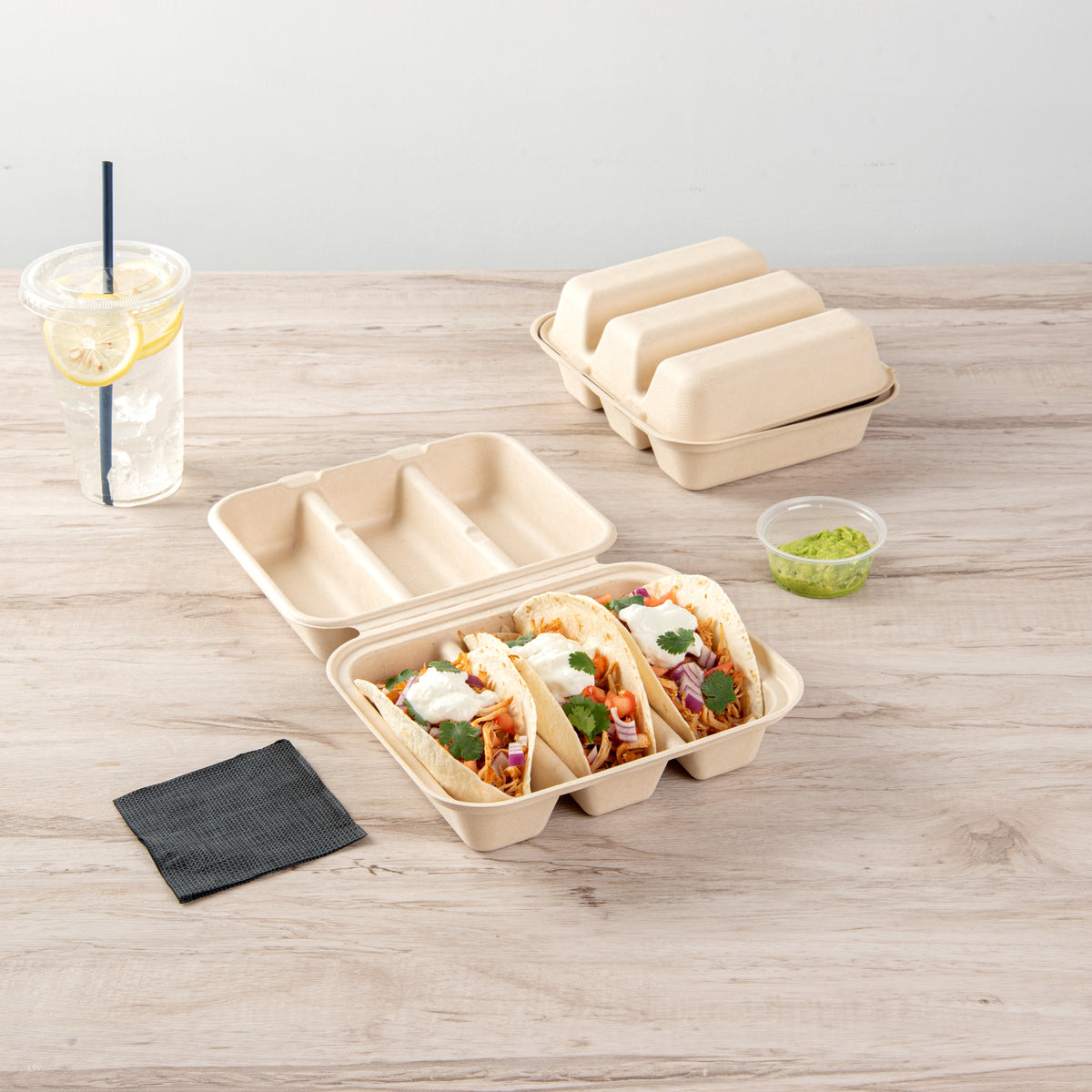 Pulp Safe No PFAS Added Kraft Sugarcane / Bagasse Taco Clamshell Container - Home Compostable, 3-Compartment - 8" x 7 1/4" - 100 count box