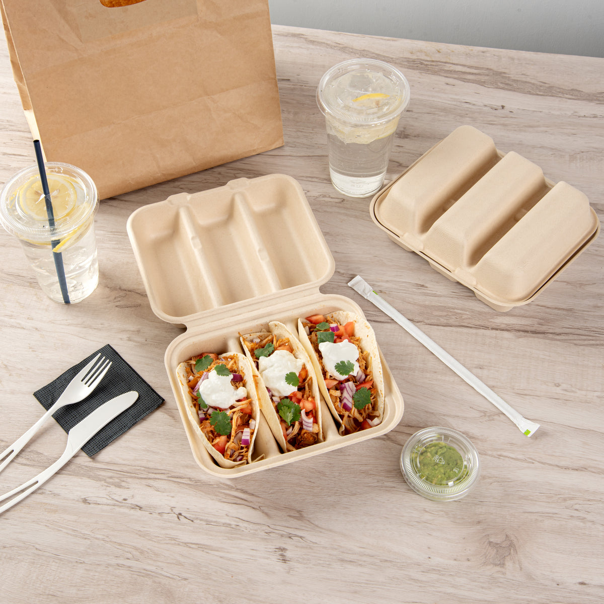 Pulp Safe No PFAS Added Kraft Sugarcane / Bagasse Taco Clamshell ...