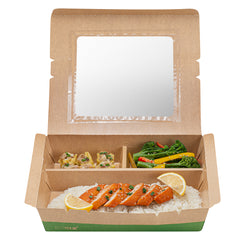 Eco Tek 78 oz Kraft and Green Paper Bento Box - with PLA Window, 3-Compartment, Compostable - 11