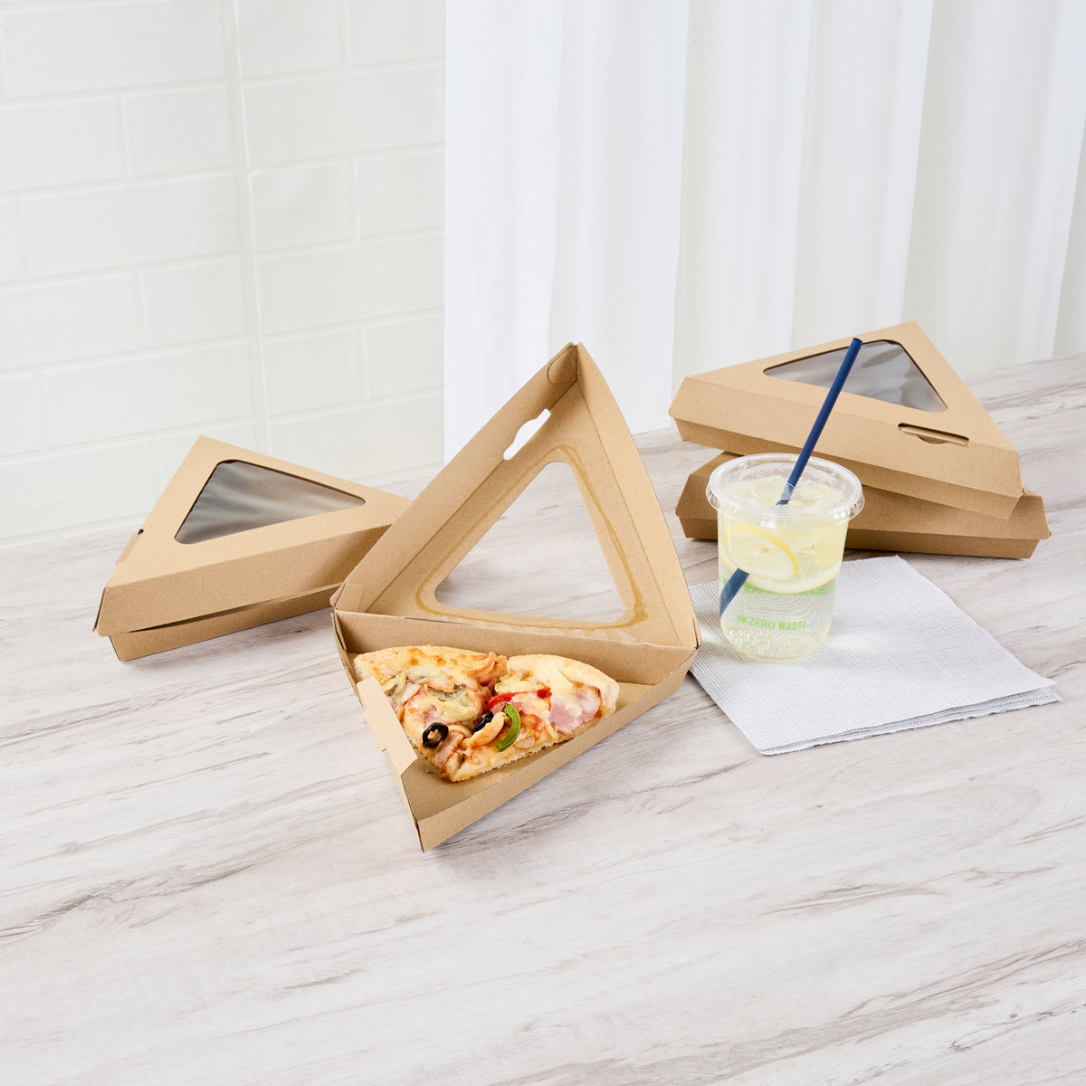 Eco Tek Kraft Paper Corrugated Pizza Slice Box - Clamshell, with PLA Window - 8 1/4" x 9 1/4" x 2" - 100 count box