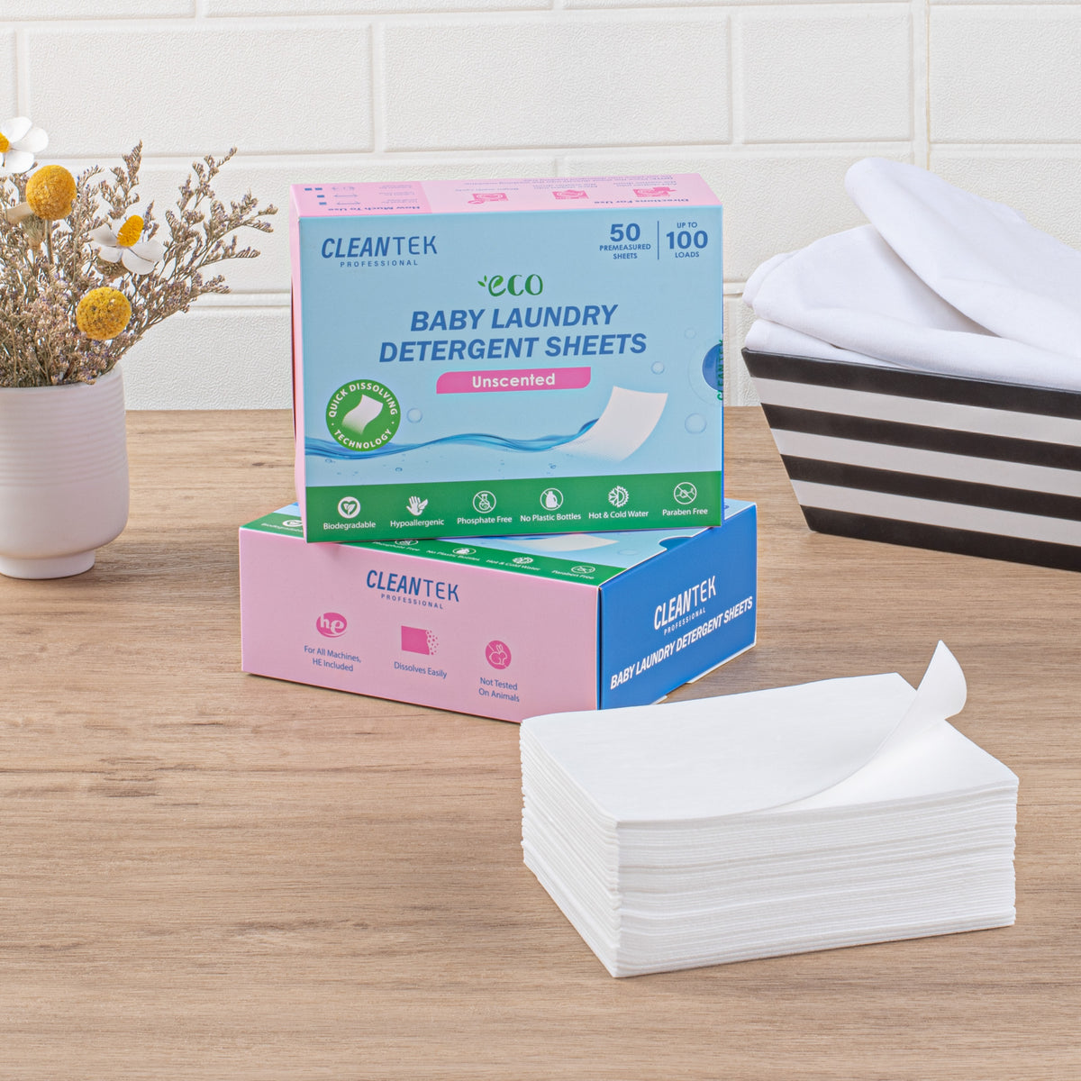 Clean Tek Professional Liquidless Baby Laundry Detergent Sheet - Unscented, Biodegradable, Hypoallergenic - 50 count box