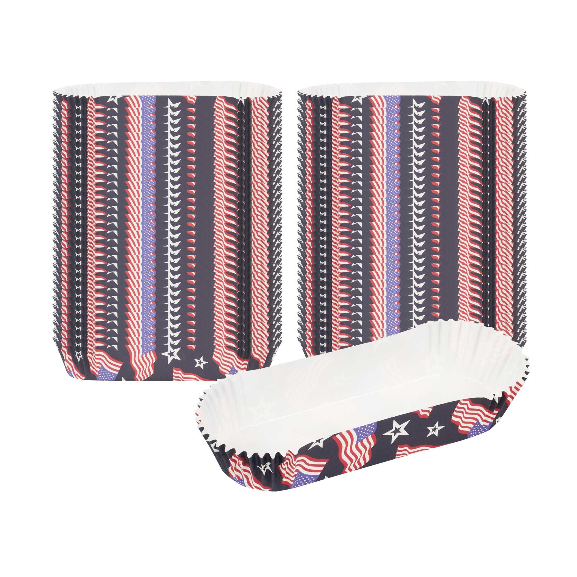 Panificio 6.8 oz Elliptical Paper Baking Cup - American Flag, Ridged, Greaseproof - 5 1/2" x 2" x 1" - 4000 count box