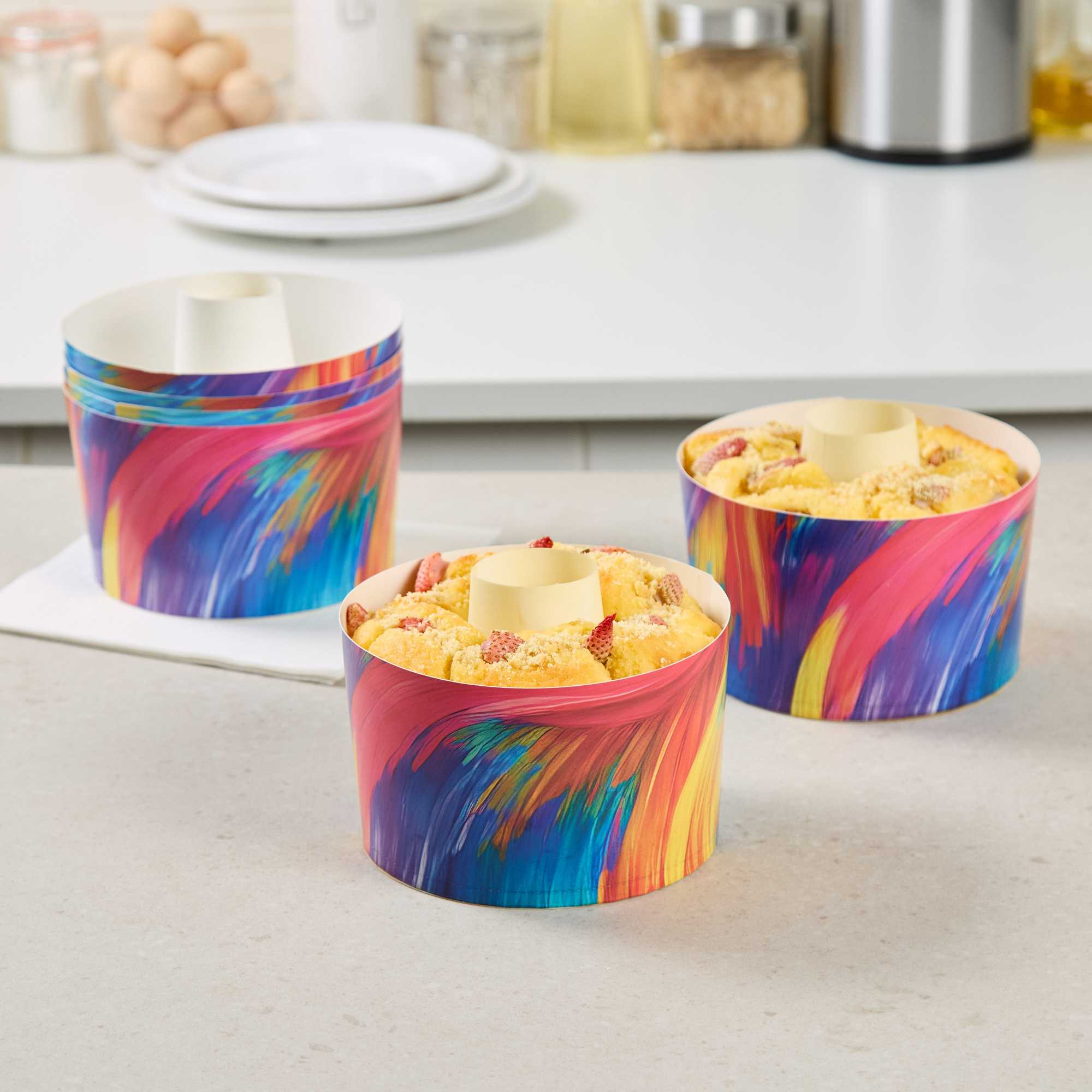 Panificio 53 oz Paper Baking Ring Mold - Colorful Abstract Waves, Greaseproof - 5 3/4" x 5 3/4" x 3 3/4" - 400 count box