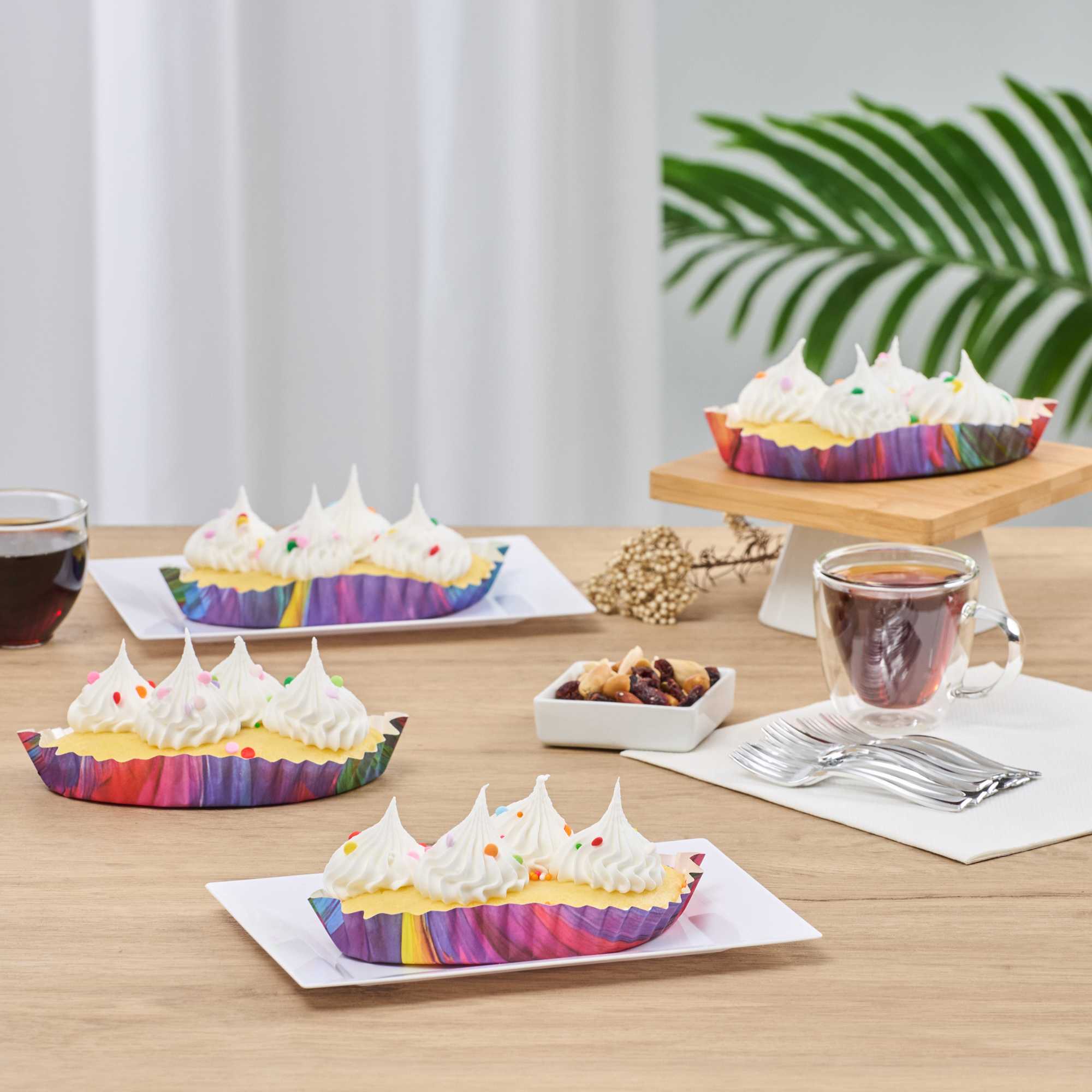 Panificio 5.4 oz Leaf Paper Baking Cup - Colorful Abstract Waves, Ridged, Greaseproof - 4" x 3 1/4" x 3/4" - 4000 count box