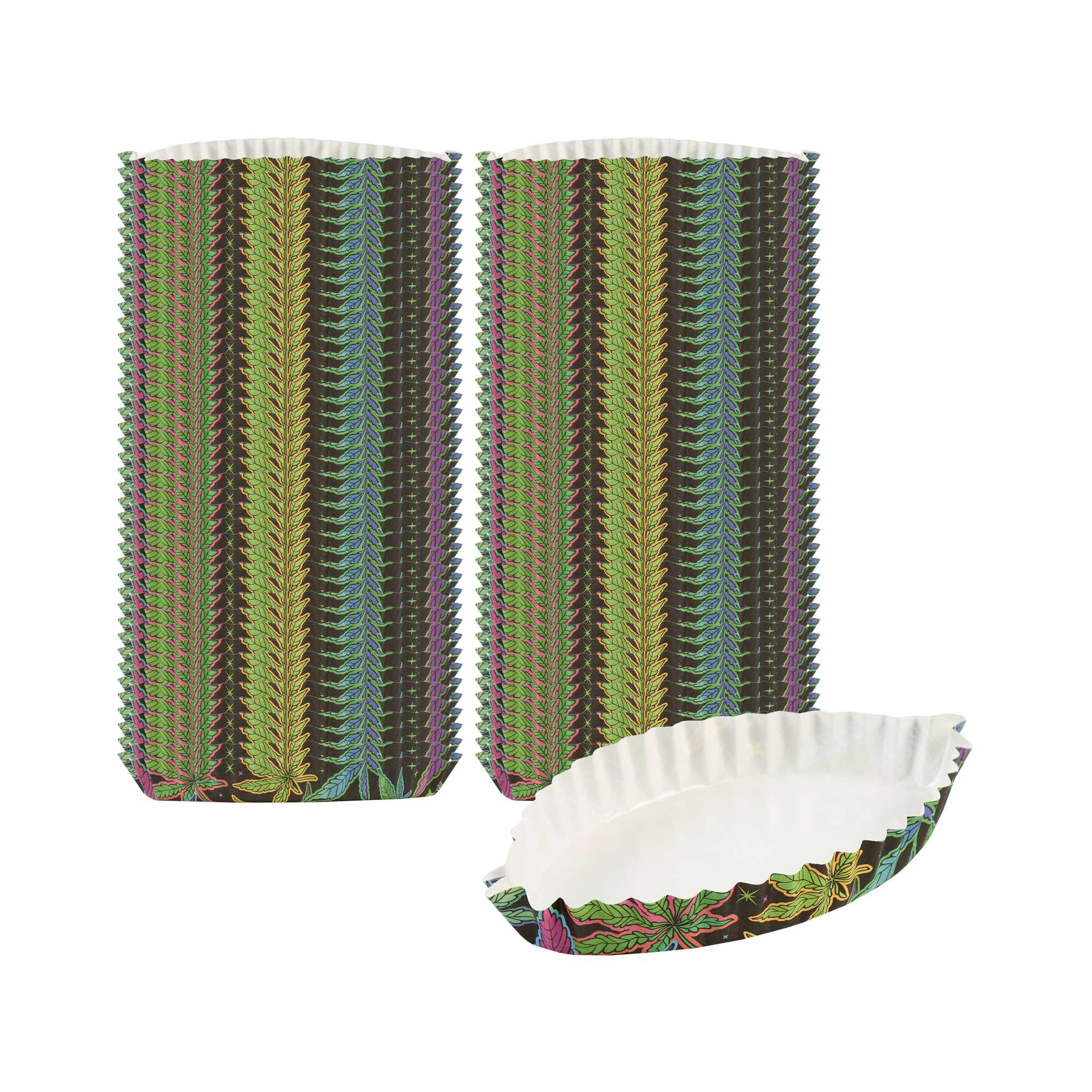 Panificio 5.4 oz Leaf Paper Baking Cup - Trippy Leaf Print, Ridged - 4" x 3 1/4" x 3/4" - 4000 count box