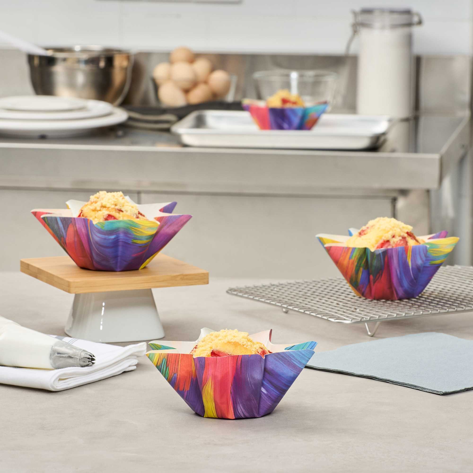 Panificio 10.2 oz Octagon Paper Baking Cup - Colorful Abstract Waves, Greaseproof - 2 1/4" x 2 1/4" x 2 1/4" - 4000 count box