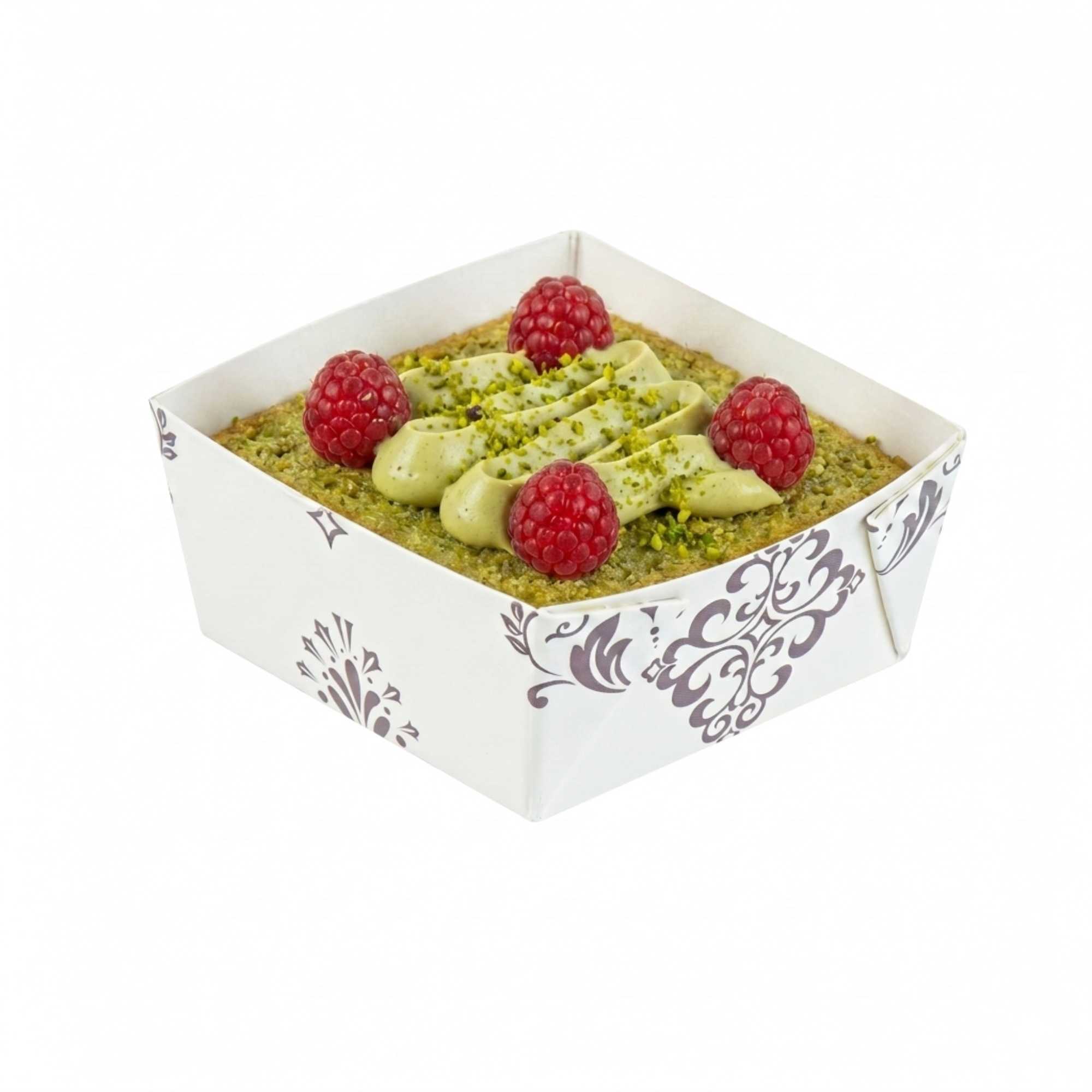Bake Tek 6 oz Square Vintage Floral Beige Paper Baking Cup - Greaseproof - 3" x 3" x 1 1/2" - 100 count box