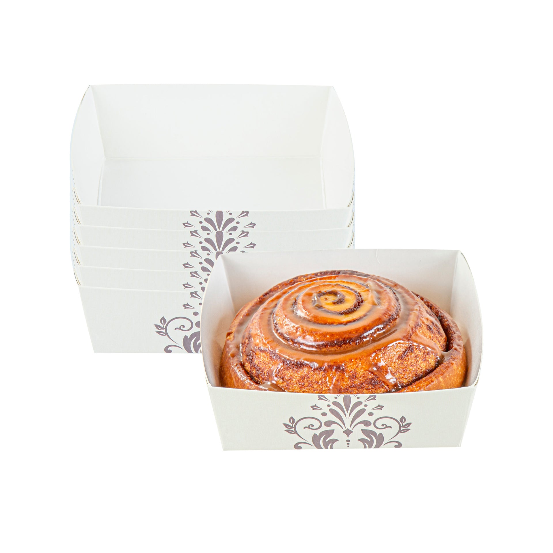 Bake Tek 8 oz Beige Vintage Floral Paper Baking Tray - Greaseproof - 4 1/4" x 4 1/4" x 1 1/2" - 100 count box