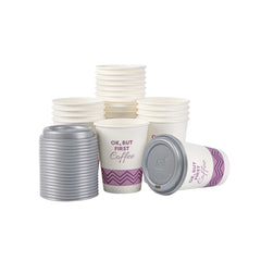 Restpresso 12 oz Pink Paper Insulated Hot Cup - Ok, But First Coffee, with Gray Lid - 100 count box