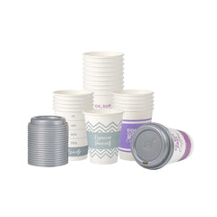 Restpresso 12 oz Assorted Paper Insulated Hot Cup Set - Coffee Quotes, with Gray Lid - 100 count box