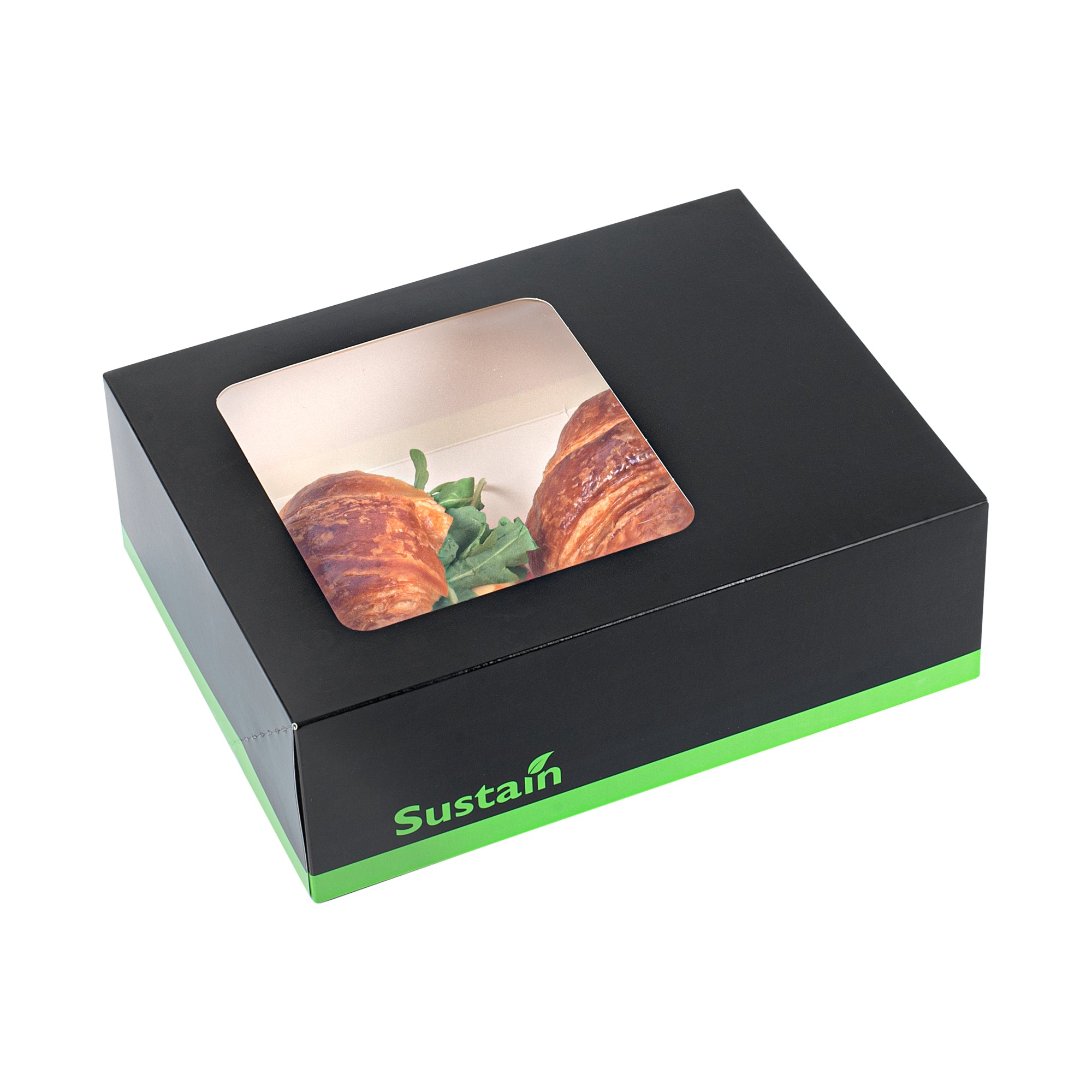 Sustain Rectangle Black Paper Auto-Popup Bakery Box - with PLA Lining and Window - 9" x 7" x 3" - 200 count box