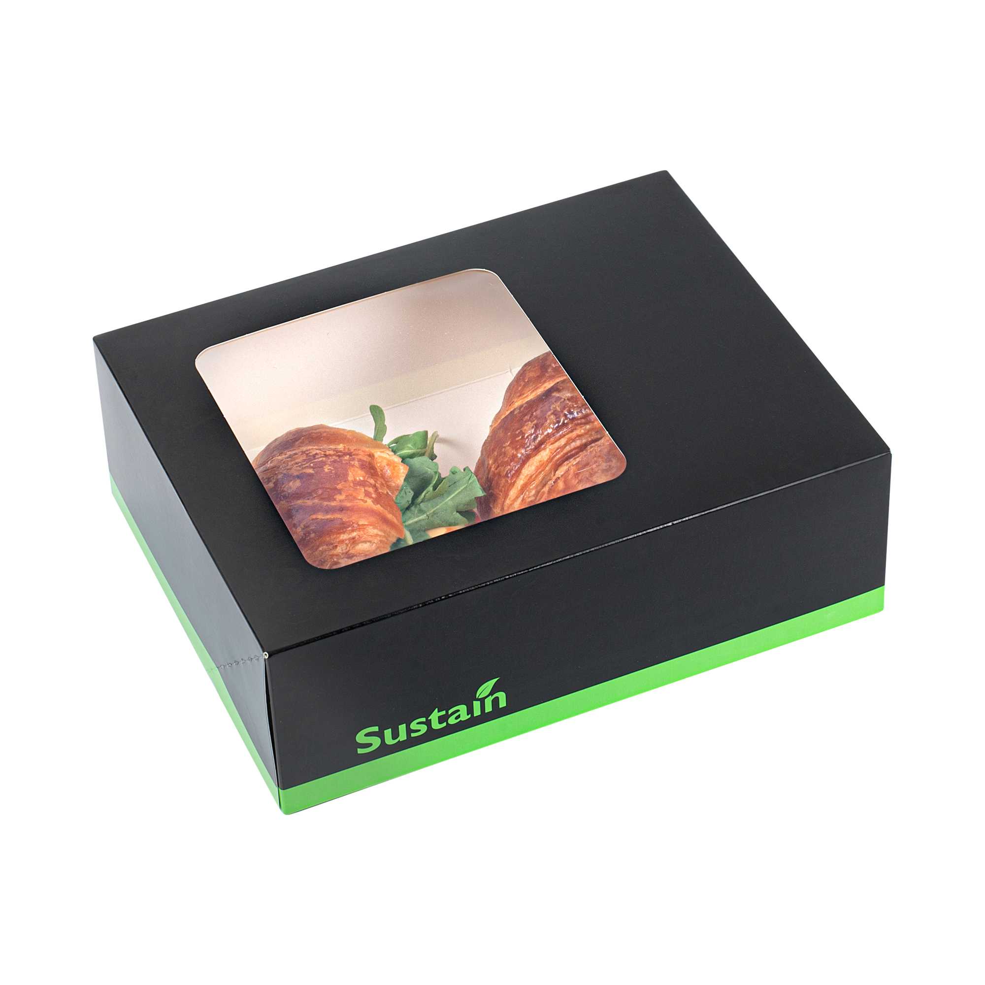 Sustain Rectangle Black Paper Auto-Popup Bakery Box - with PLA Lining and Window - 9" x 7" x 3" - 25 count box