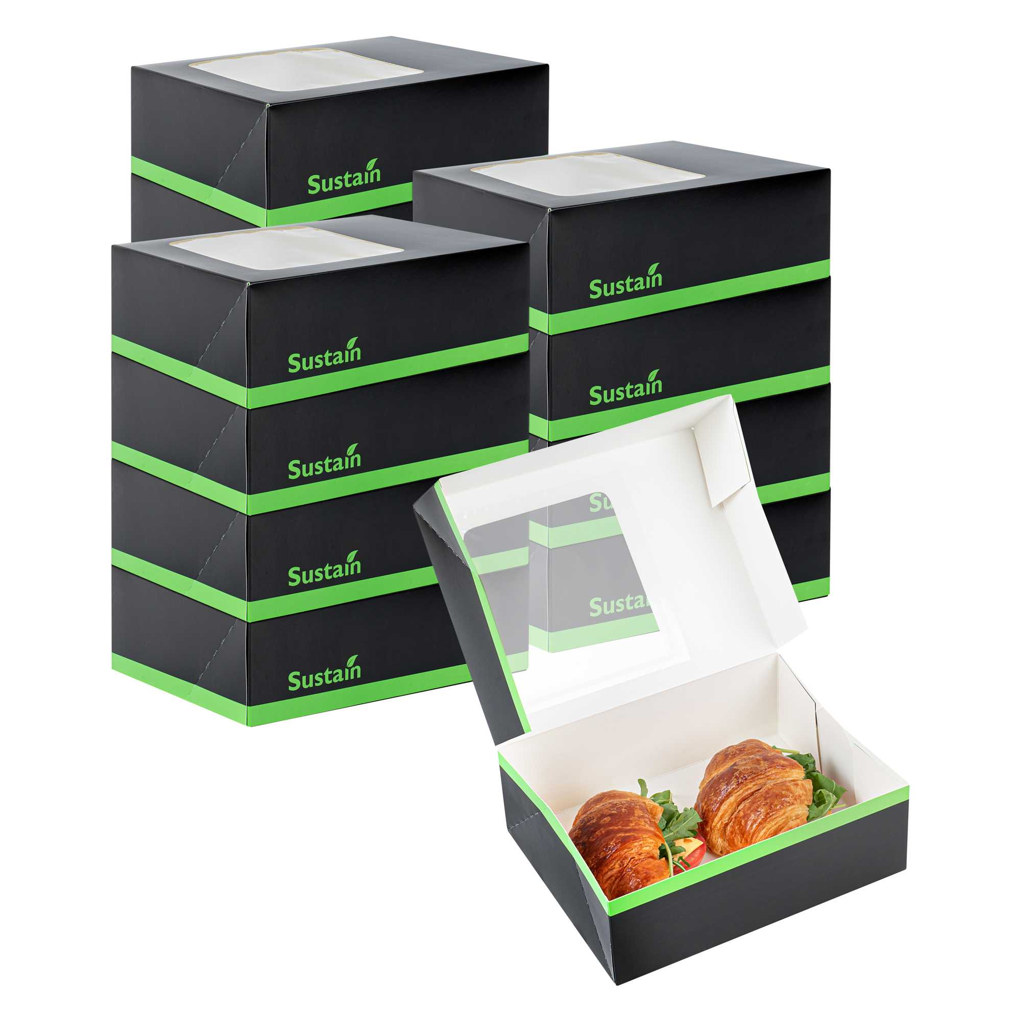 Sustain Rectangle Black Paper Auto-Popup Bakery Box - with PLA Lining and Window - 9" x 7" x 3" - 25 count box