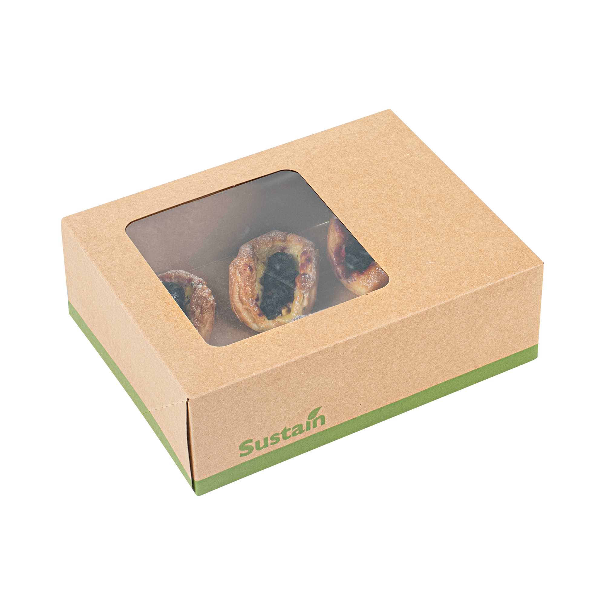 Sustain Rectangle Kraft Paper Auto-Popup Bakery Box - with PLA Lining and Window - 9" x 7" x 3" - 25 count box