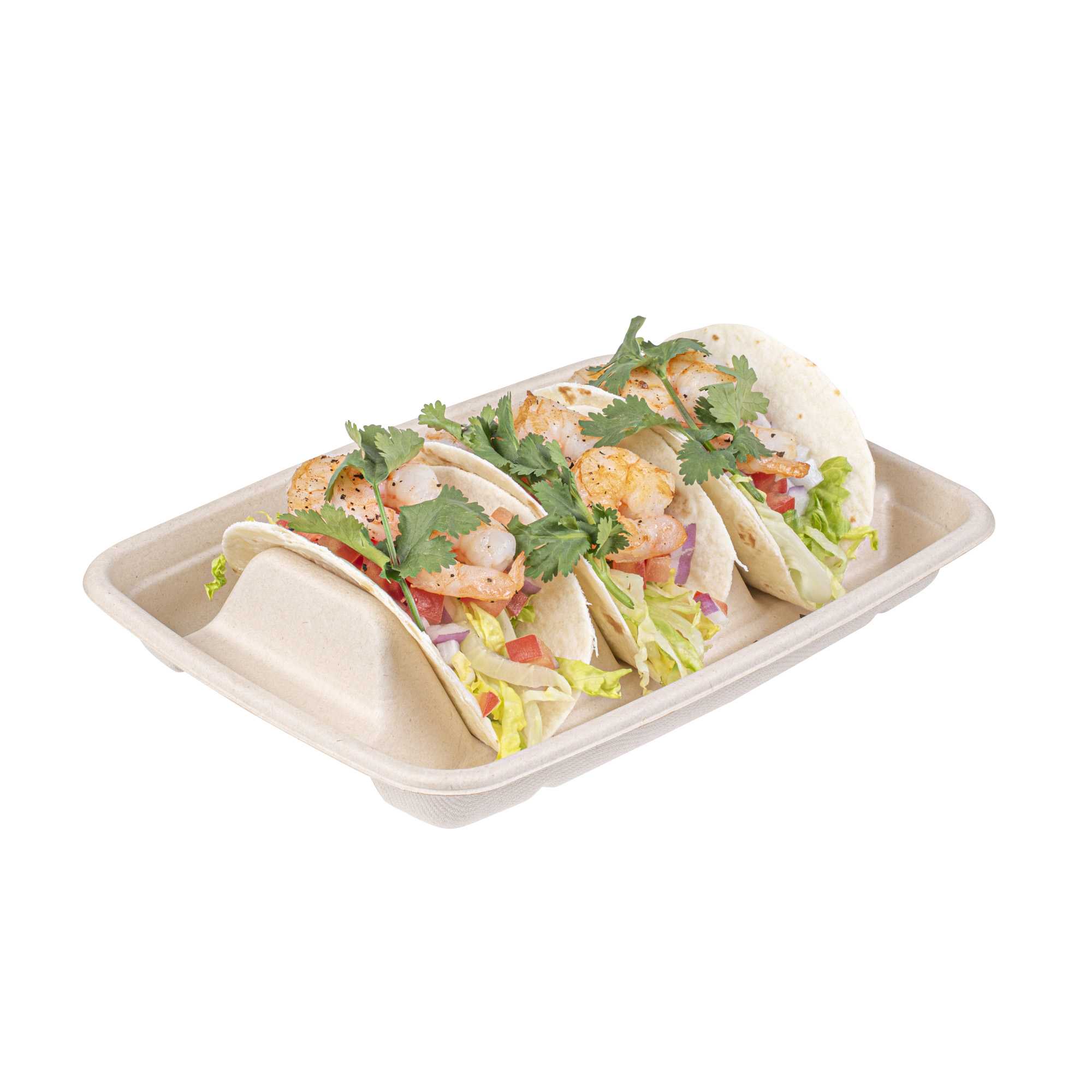 Pulp Safe No PFAS Added Natural Sugarcane / Bagasse Taco Holder Tray - 3 Dividers, Home Compostable - 9" x 6 1/2" x 1 3/4" - 50 count box