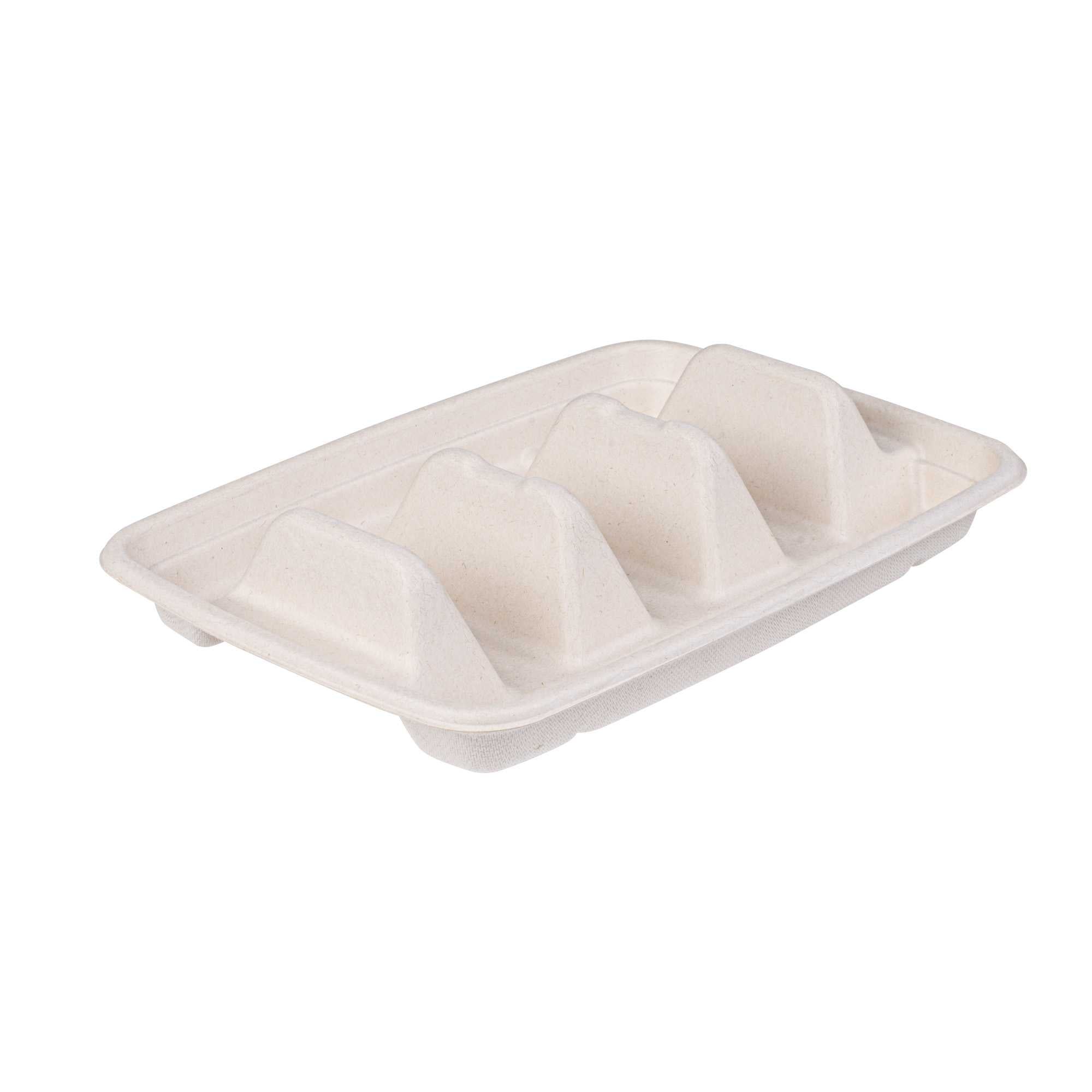Pulp Safe No PFAS Added Natural Sugarcane / Bagasse Taco Holder Tray - 3 Dividers, Home Compostable - 9" x 6 1/2" x 1 3/4" - 50 count box