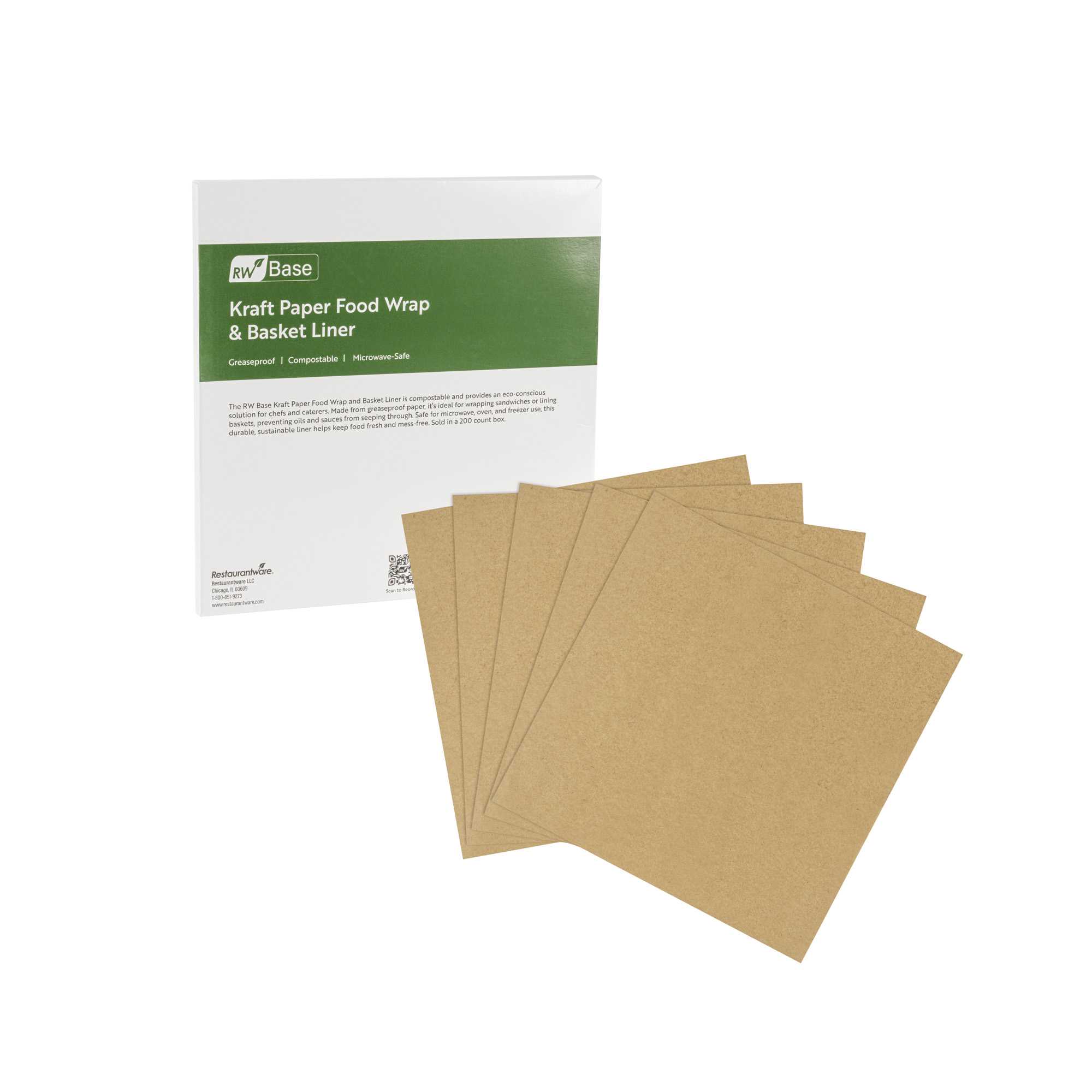 Chef 101 No PFAS Added Kraft Paper Food Wrap and Basket Liner - Greaseproof, Compostable - 12" x 12" - 200 count box