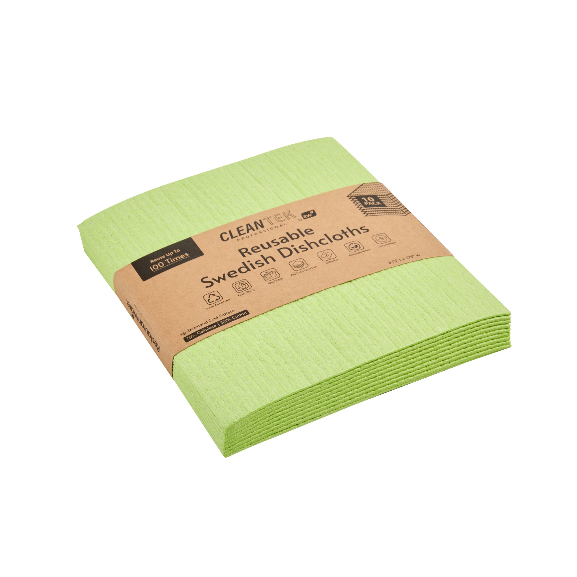 Clean Tek Professional Green Reusable Swedish Dishcloth - 6 3/4" x 7 3/4" - 200 count box