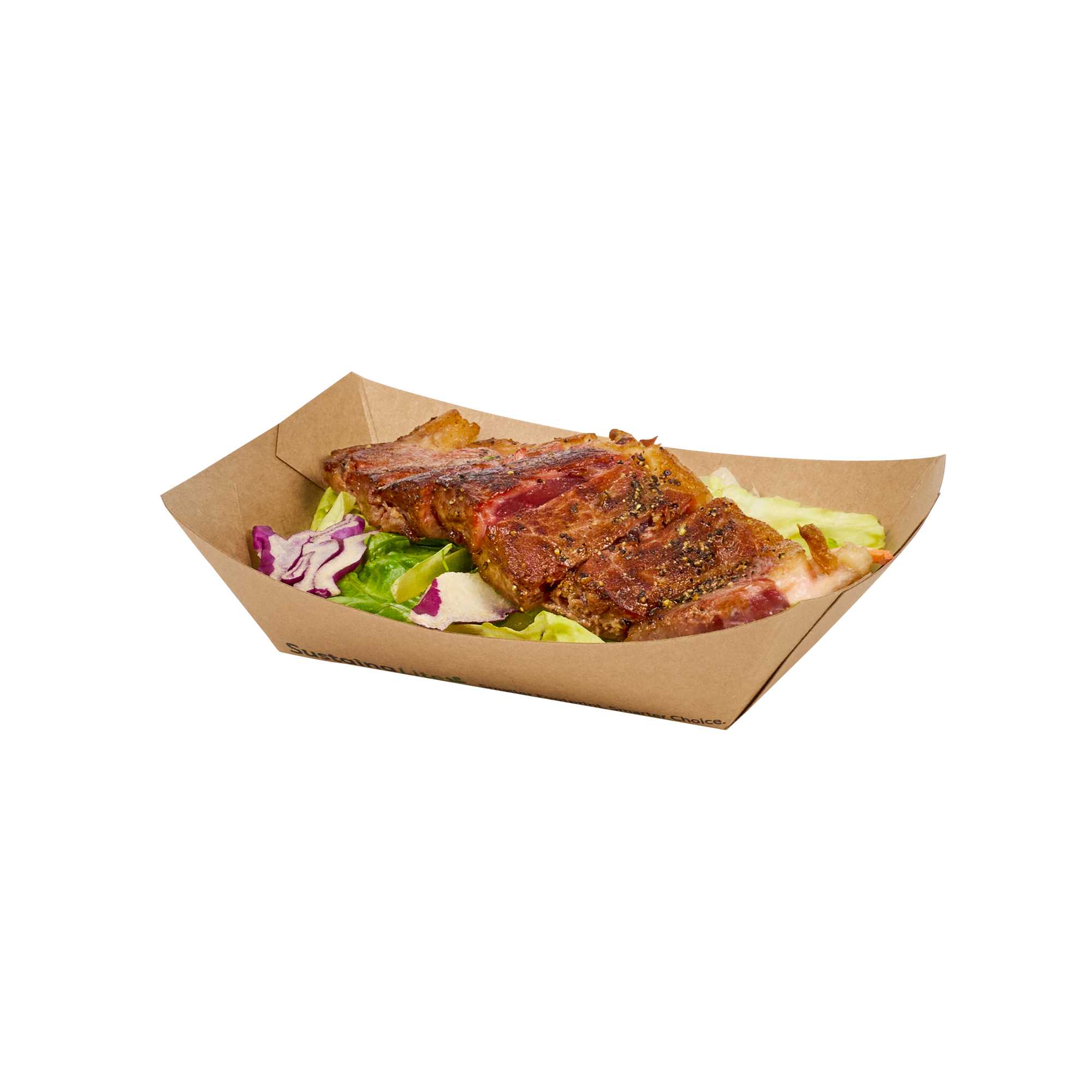 SustainaLite 13 oz #200 Kraft Paper Food Tray / Boat - with PE Lining - 4 1/4" x 2 3/4" x 1 3/4" - 250 count box