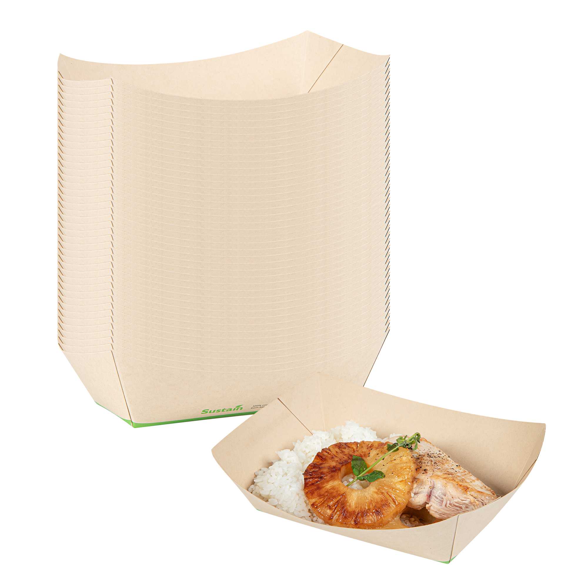 Sustain 2 lb Bamboo Paper #500 Food Tray / Boat - with PLA Lining, Compostable - 8 3/4" x 6 3/4" x 2 1/4" - 200 count box