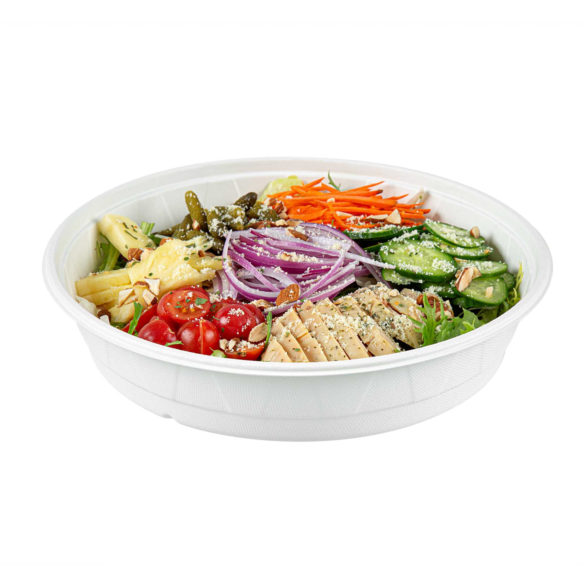 Pulp Safe No PFAS Added 84 oz Round White Sugarcane / Bagasse Bowl - Home Compostable - 11 1/4" x 11 1/4" x 2 1/4" - 200 Count Box