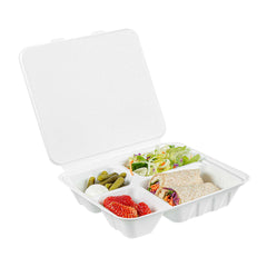 Pulp Safe No PFAS Added Rectangle White Bagasse Clamshell Container - 4 Compartments, Home Compostable - 9 3/4
