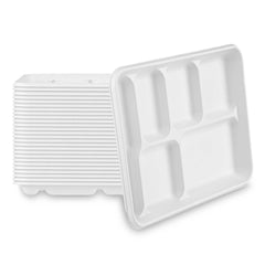 Pulp Safe No PFAS Added Rectangle White Bagasse Food Tray - 6 Compartments, Home Compostable - 12 1/2