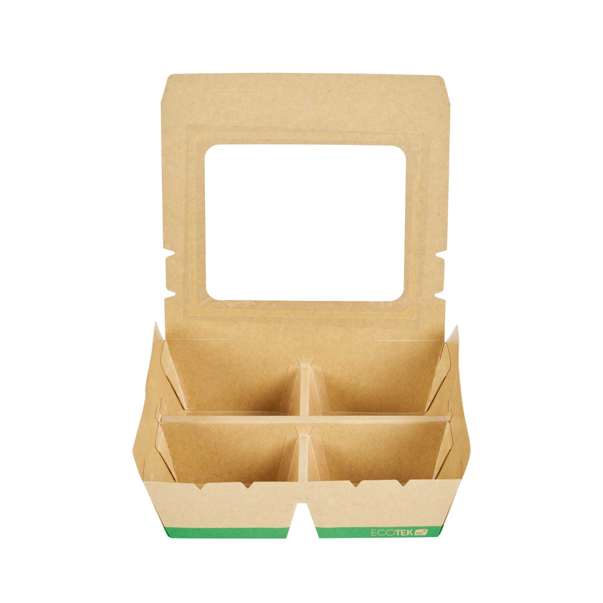 Eco Tek 28 oz Rectangle Kraft Paperboard Bento Box - with PLA Window, 4 Compartments, Compostable - 7" x 6" x 2 1/4" - 200 count box