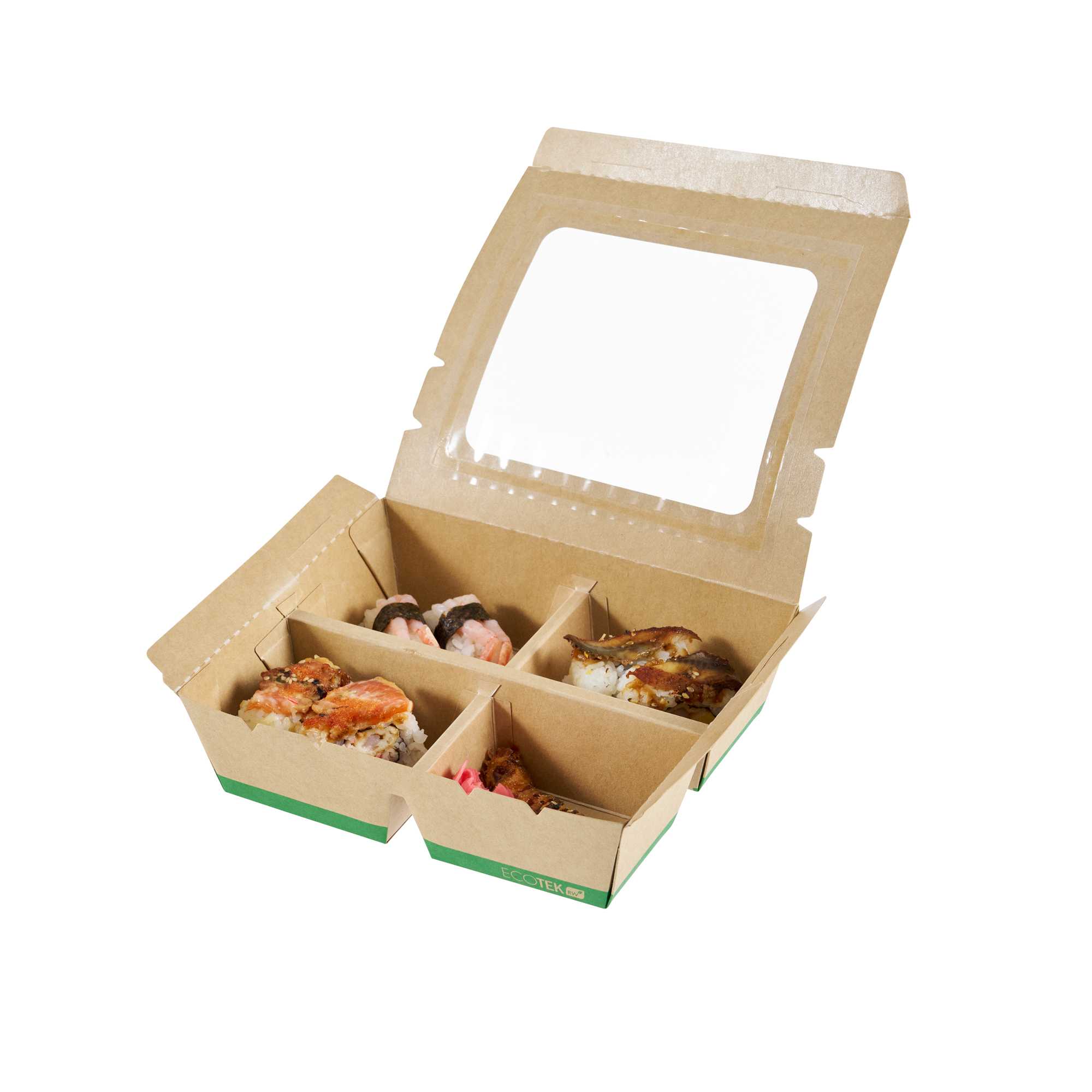 Eco Tek 28 oz Rectangle Kraft Paperboard Bento Box - with PLA Window, 4 Compartments, Compostable - 7" x 6" x 2 1/4" - 200 count box