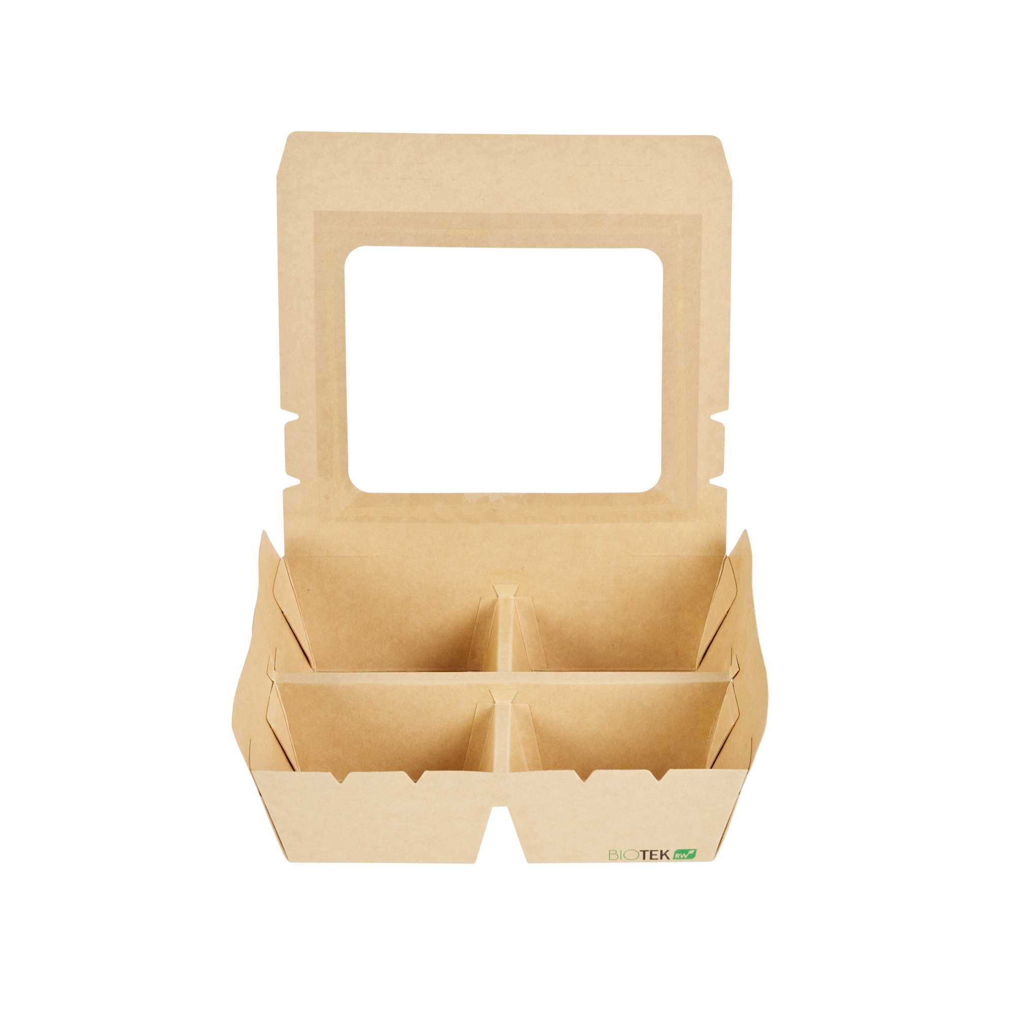 Bio Tek 28 oz Rectangle Kraft Paperboard Bento Box - with PET Window, 4 Compartments - 7" x 6" x 2 1/4" - 200 count box