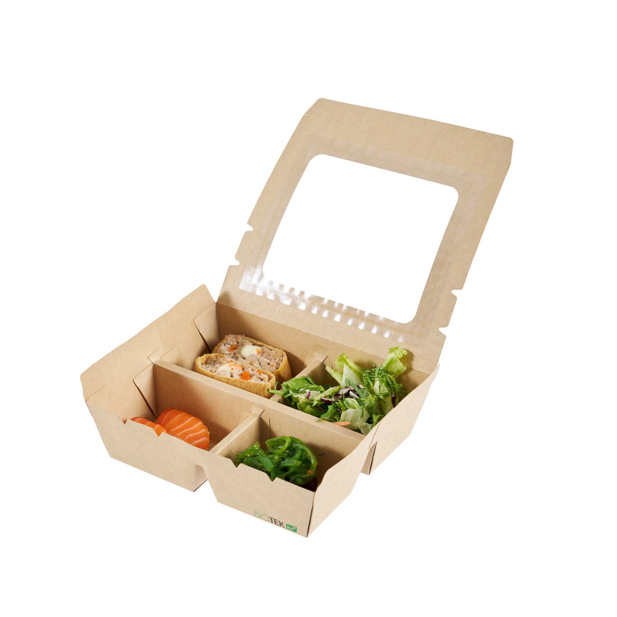 Bio Tek 28 oz Rectangle Kraft Paperboard Bento Box - with PET Window, 4 Compartments - 7" x 6" x 2 1/4" - 200 count box
