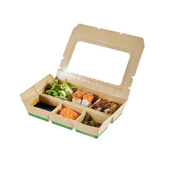 Eco Tek 23 oz Rectangle Kraft Paperboard Bento Box - with PLA Window, 6 Compartments, Compostable - 8 1/4