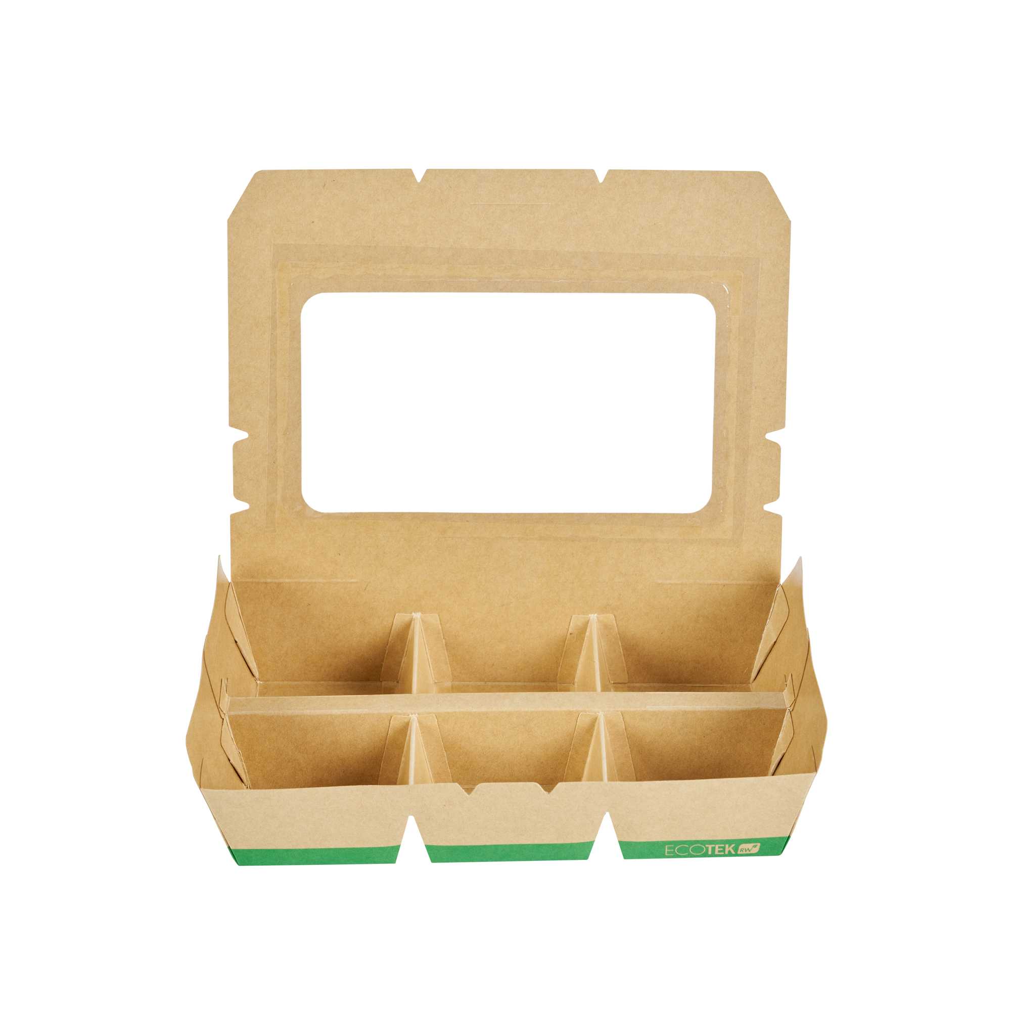 Eco Tek 23 oz Rectangle Kraft Paperboard Bento Box - with PLA Window, 6 Compartments, Compostable - 8 1/4" x 5 1/4" x 1 3/4" - 200 count box