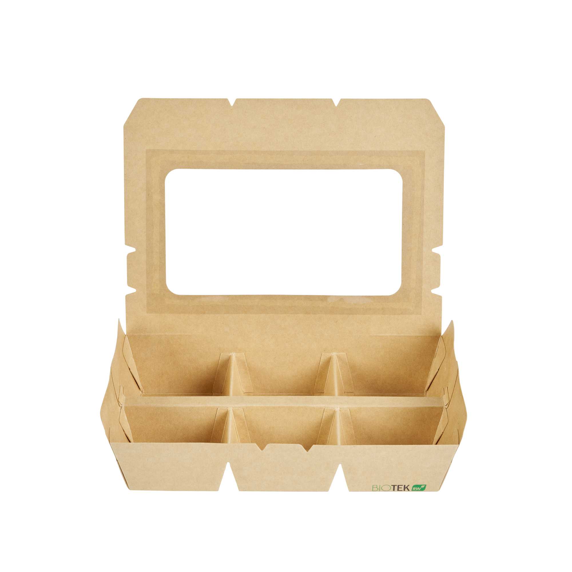 Bio Tek 23 oz Rectangle Kraft Paperboard Bento Box - with PET Window, 6 Compartments - 8 1/4" x 5 1/4" x 1 3/4" - 200 count box