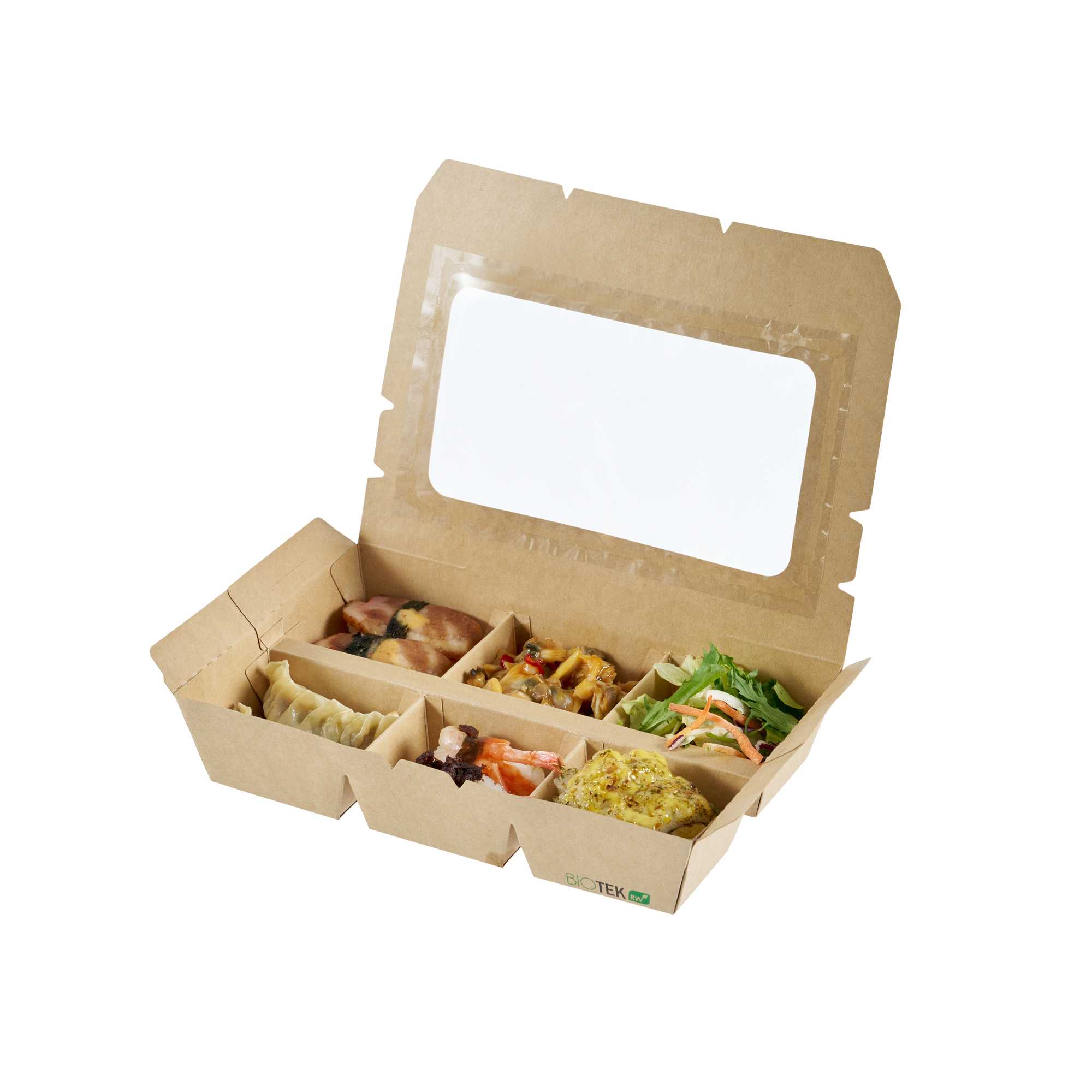 Bio Tek 23 oz Rectangle Kraft Paperboard Bento Box - with PET Window, 6 Compartments - 8 1/4" x 5 1/4" x 1 3/4" - 200 count box
