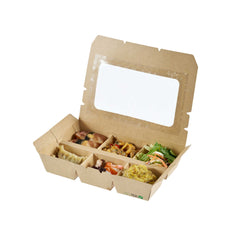 Bio Tek 23 oz Rectangle Kraft Paperboard Bento Box - with PET Window, 6 Compartments - 8 1/4