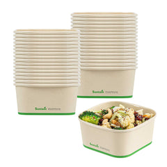 Sustain 22 oz Square Bamboo Paper Take Out Container - with PLA Lining, Compostable - 100 count box