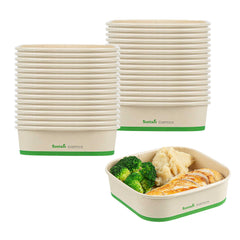 Sustain 25 oz Square Bamboo Paper Take Out Container - with PLA Lining, Compostable - 100 count box