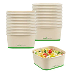 Sustain 47 oz Square Bamboo Paper Take Out Container - with PLA Lining, Compostable - 100 count box