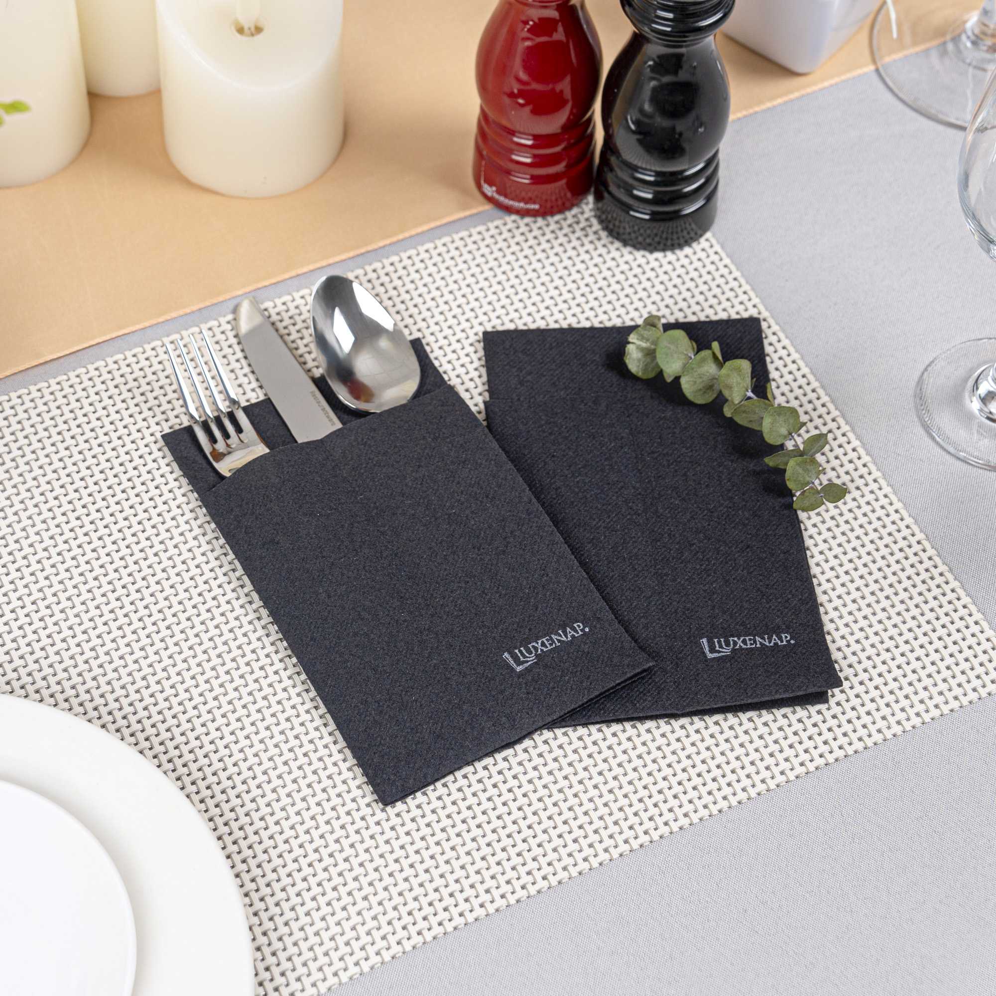 Luxenap Black Paper Linen-Feel Dinner Napkin - Air Laid, Kangaroo - 15 3/4" x 9 1/2" - 50 count box