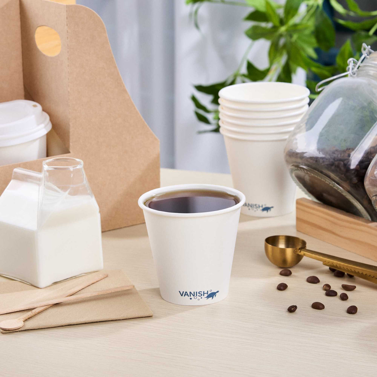 Vanish 8 oz White Paper Hot Cup - Single Wall, Compostable - 3 1/2" x 2 1/4" x 3 1/4" - 50 count box