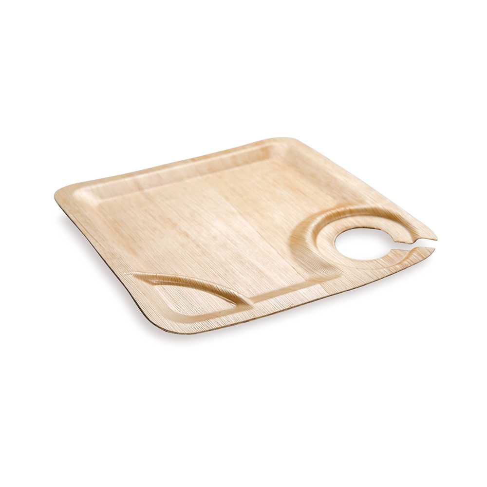 Bambuddha Square Natural Bamboo Leaf Plate with Cup Holder - 9" x 9" x 1/2" - 500 count box