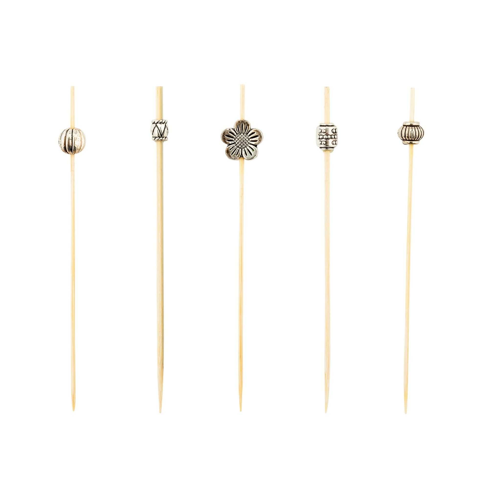 Pixy Silver Bamboo Luxury Metal Beaded Pick - 4" - 1000 count box